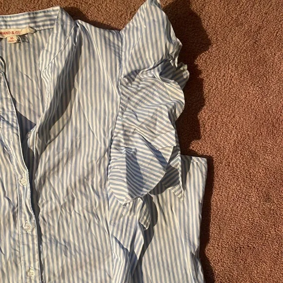 Blue Stripe Button Up Tank Top with Ruffle Shoulder - Picture 3 of 6